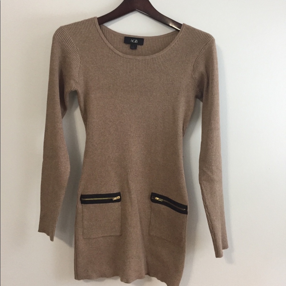 Tan Sweater Dress with gold zipper pocket detail
